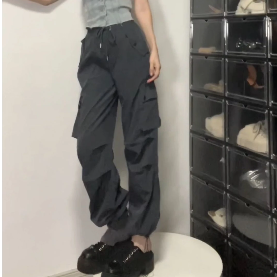 秋季新款灰色大口袋工装阔腿裤薄款宽松长裤
