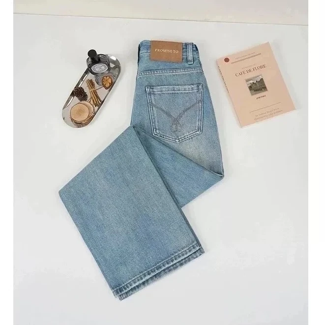 【现货+运费险】2025夏款雾霾蓝窄版阔腿无弹高腰垂感直筒牛仔裤