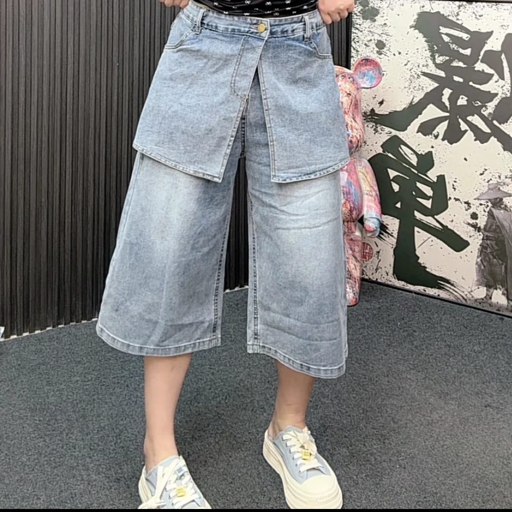 小娜家..夏季新款重工洗水假两件时尚休闲潮流宽松牛仔裤