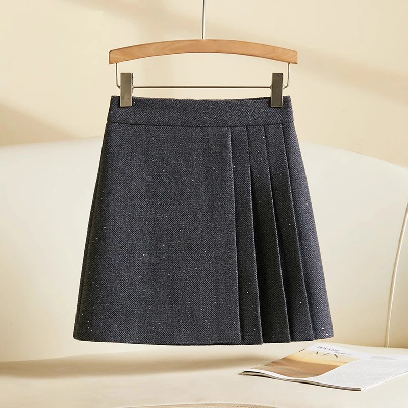 拉夏贝尔2025秋季新款不规则短裙女高腰毛呢显瘦A字半身百褶裙子