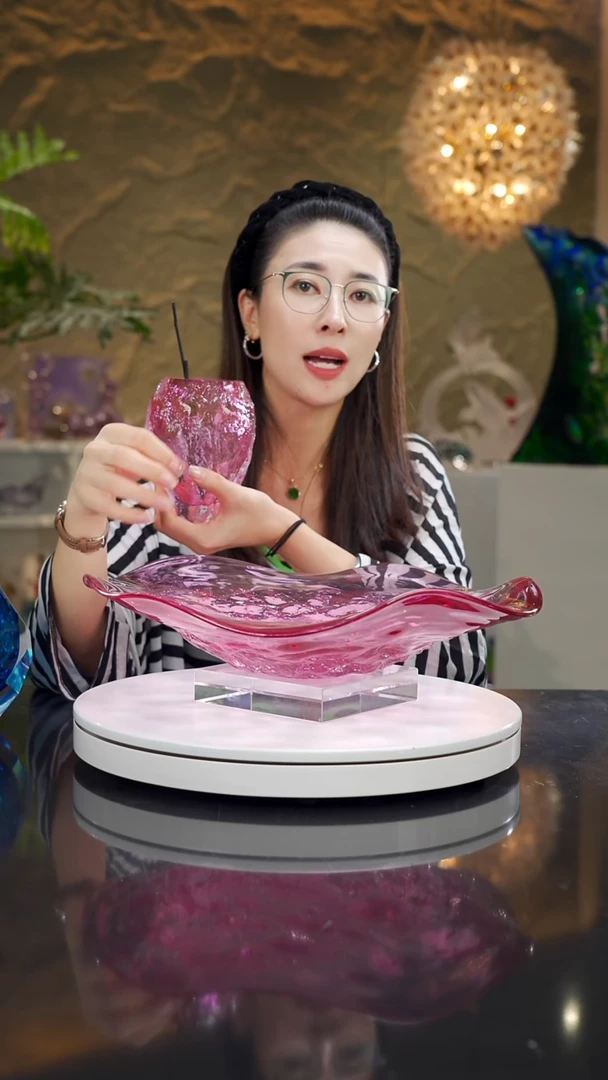 琉璃金红色水波纹大果盘带金红色水波纹香薰瓶