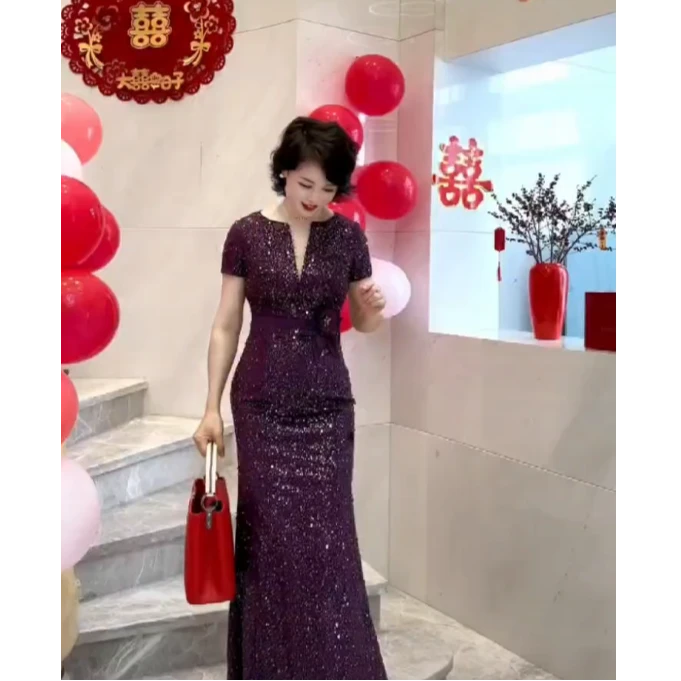 BOFEINA/帛妃娜高定高档新款礼服婚礼气质高级婚宴轻奢酒红色显瘦