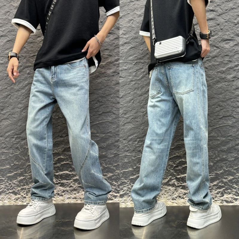 美式复古水洗直筒牛仔裤宽松阔腿高街百搭痞帅男春夏潮流新款男裤