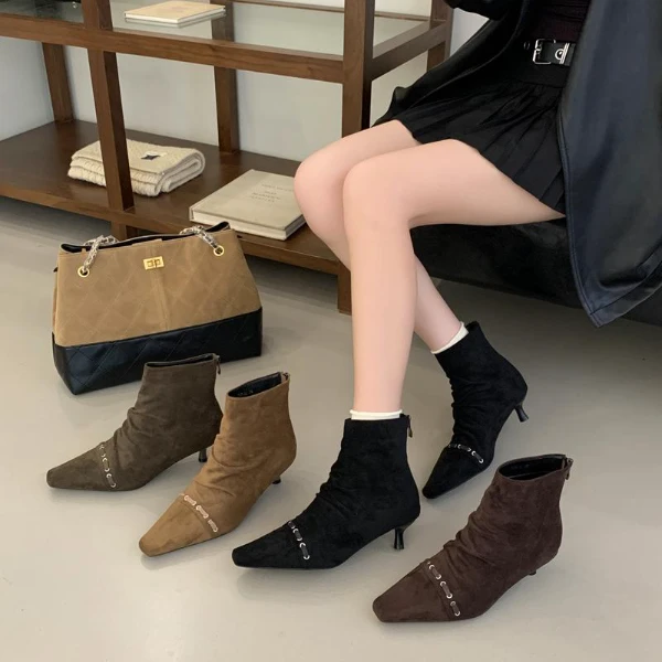 DAS-780-32尖头绒面褶皱绑带时装短靴秋冬外穿时尚低跟瘦瘦靴短靴