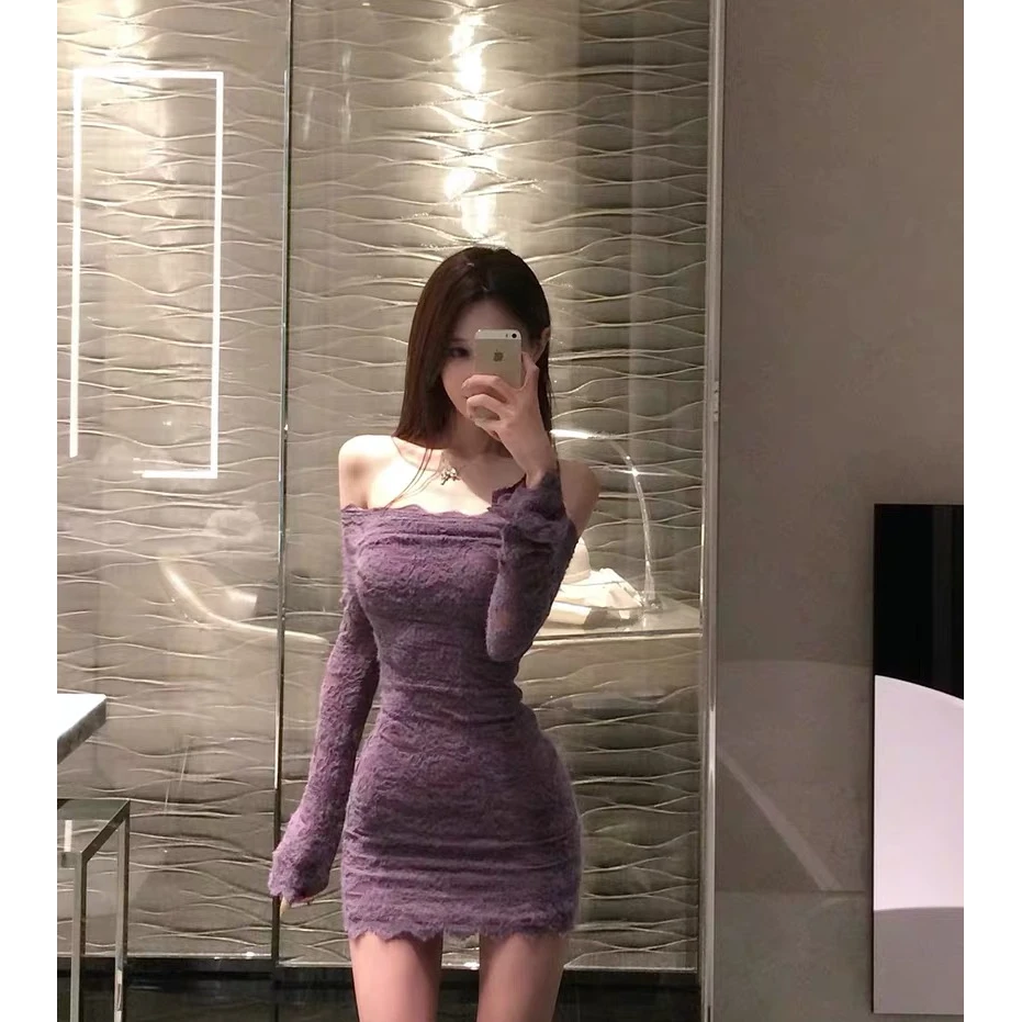 旧魂佳人 紫色刺绣磨毛蕾丝连衣裙女秋冬性感辣妹气质长袖包臀裙