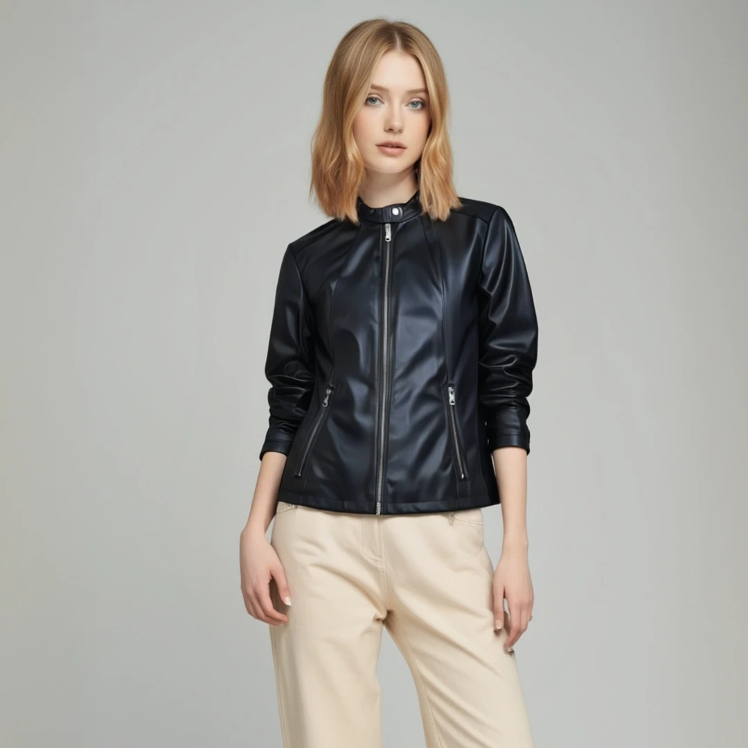 立领袖口拉链短款机车皮衣夹克5793