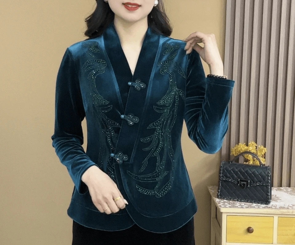 2025春季长袖V领丝绒气质百搭盘扣显瘦开衫上衣时尚中式打底小衫