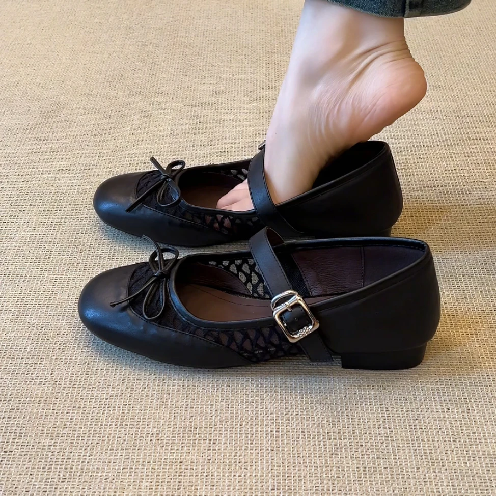 RubyL/2cm法式复古风百搭蝴蝶结镂空网面圆头浅口粗跟单鞋女款