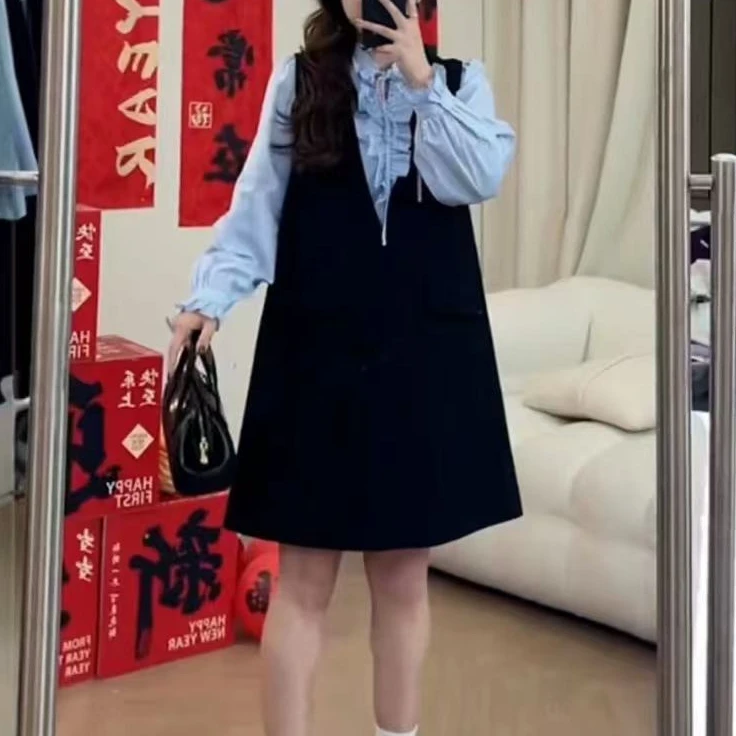 婷婷家春款小个子连衣裙女韩系氛围感穿搭裙子衬衣两件套