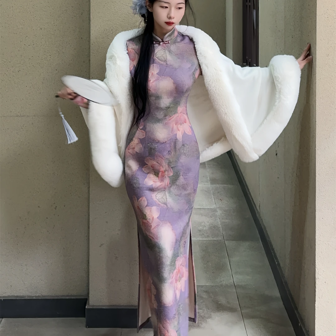 秋辞香~紫秋 长款旗袍修身提花加绒秋冬款旗袍