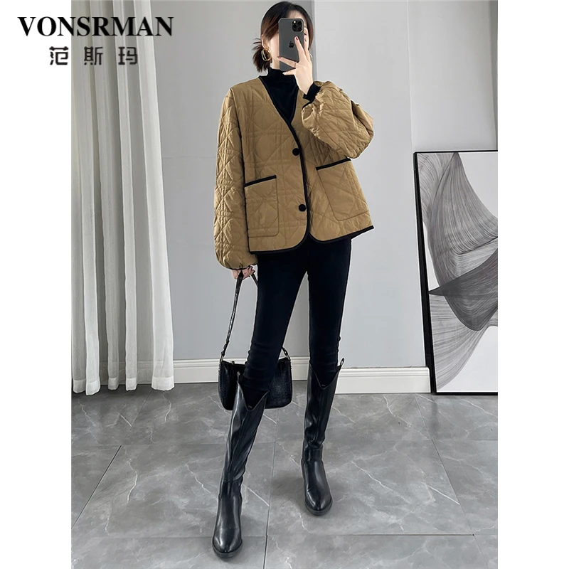 轻薄短款羽绒服女冬季2025新款时尚休闲V领灯笼袖宽松白鸭绒外套