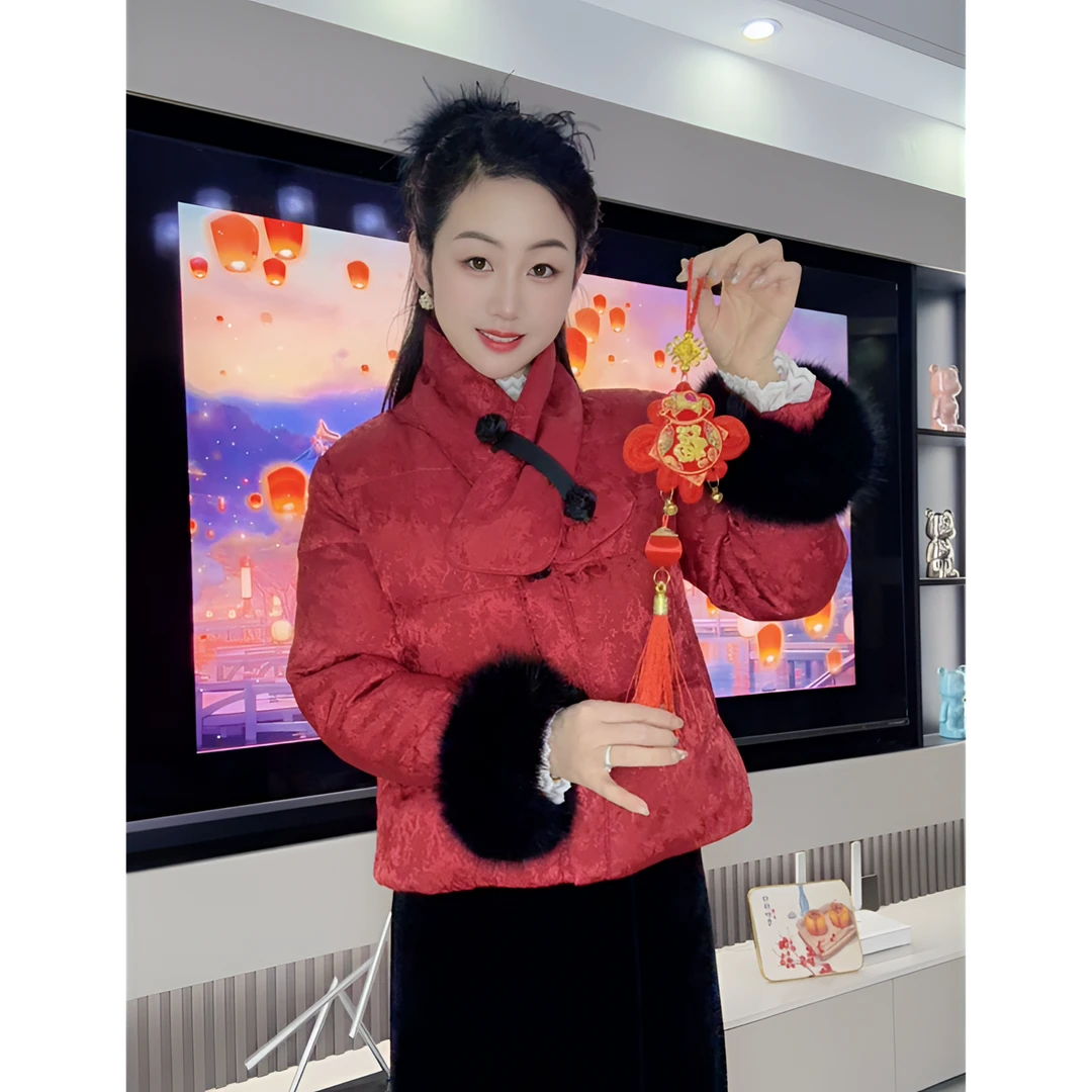 新中式国风棉服女装提花高品质袖口冬季新款时尚百搭气质围脖短款
