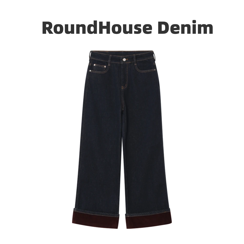 深圳南油/秋冬裤脚灯芯绒丹宁复古宽松水洗九分阔腿牛仔裤女8006