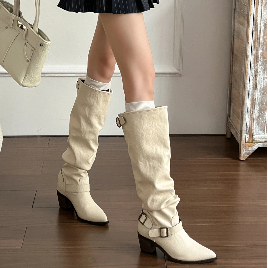 粗跟增高尖头高筒骑士靴女早秋新款不过膝时装靴显瘦高大筒围长靴