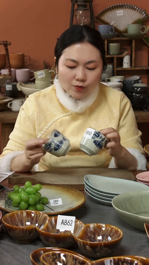 陶瓷A865陶瓷手绘小鱼手握杯4个微瑕