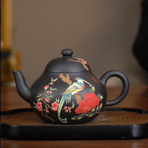 9121宜兴紫砂茶具 黑墩头泥料堆绘花鸟壶 220cc左右YST