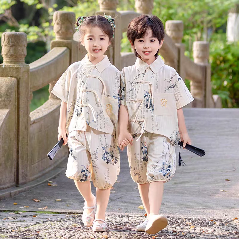 （晚香）国风唐装汉服印花套装儿童男女同款幼儿园表演服演出服