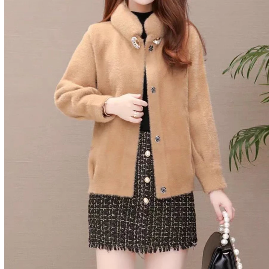 仿水貂绒外套女2024秋冬宽松韩版短款中老年妈妈装毛衣开衫V887