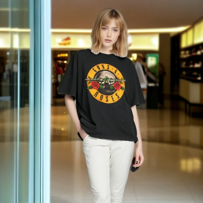 印花短袖美式休闲碎花常规款T恤宽松情侣黑色美式