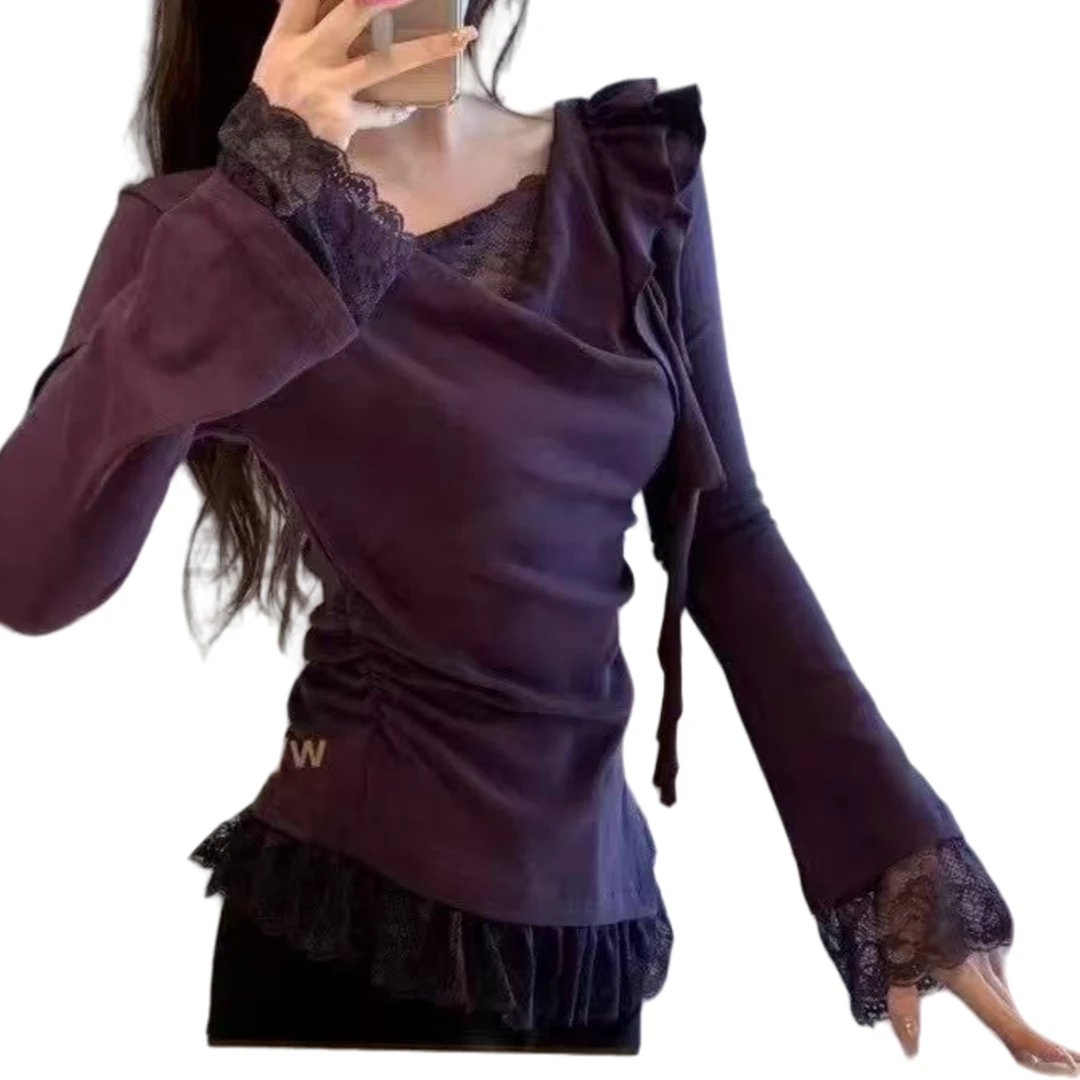 【虞紫鸢】特鲁推荐纯欲荡领拼接假两件长袖t恤女修身上衣T恤