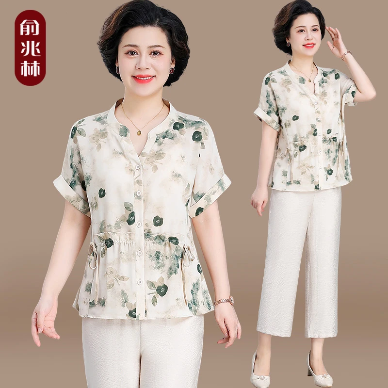 妈妈夏装套装洋气雪纺小衫2025新款中老年女装短袖夏季衬衫上衣服