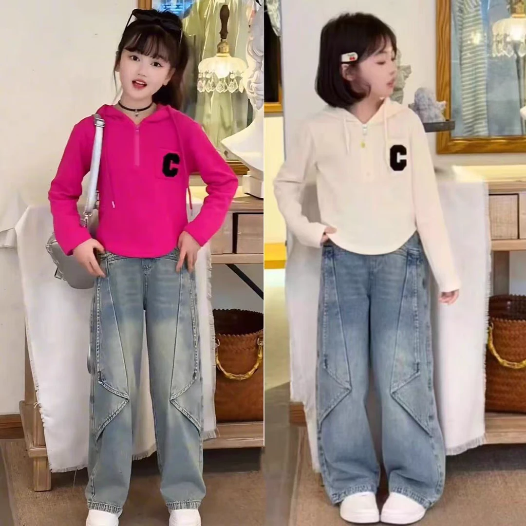女童套装2025春款酷飒女孩设计感半拉链连帽卫衣飞机牛仔裤两件套