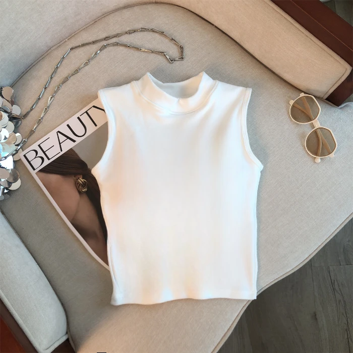 95棉半高领背心女夏季外穿春秋西服内搭甜辣无袖打底衫短款上衣