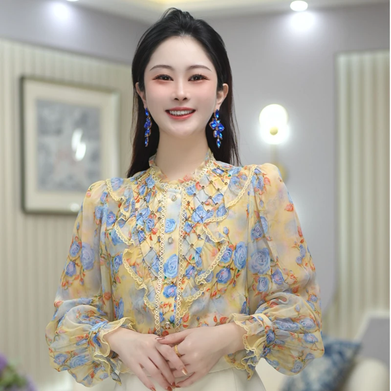 米娅 春季上新高档碎花木耳领长袖衬衫显瘦气质百搭衬衣女 DY5525