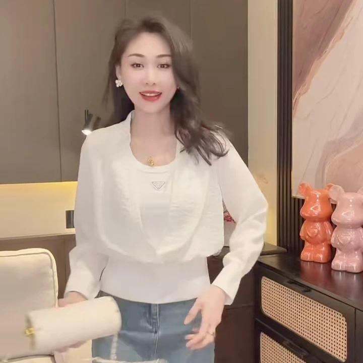 春季衬衫袖长袖POLO领包袖衬衫女装打底白色修身网红假两件