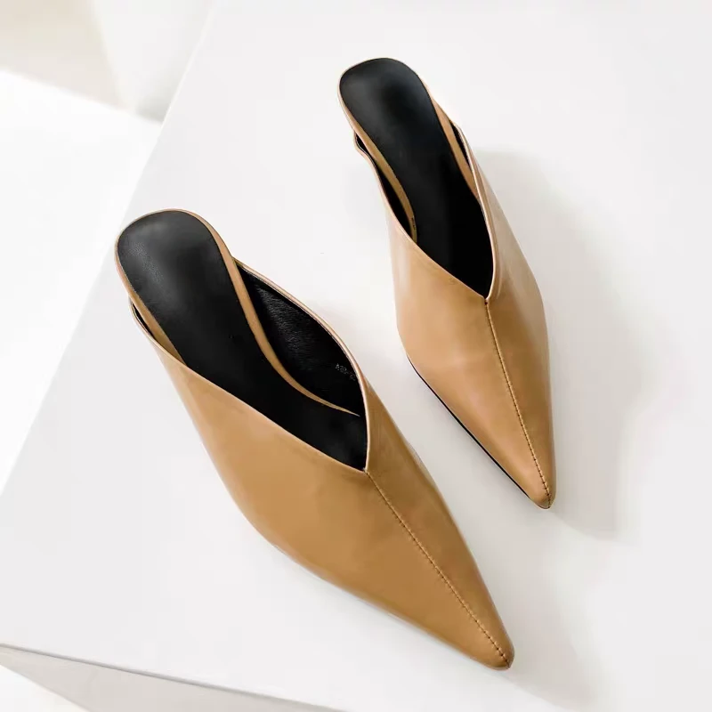 外穿高跟中跟包头修面皮穆勒鞋夏季百搭一脚蹬尖头