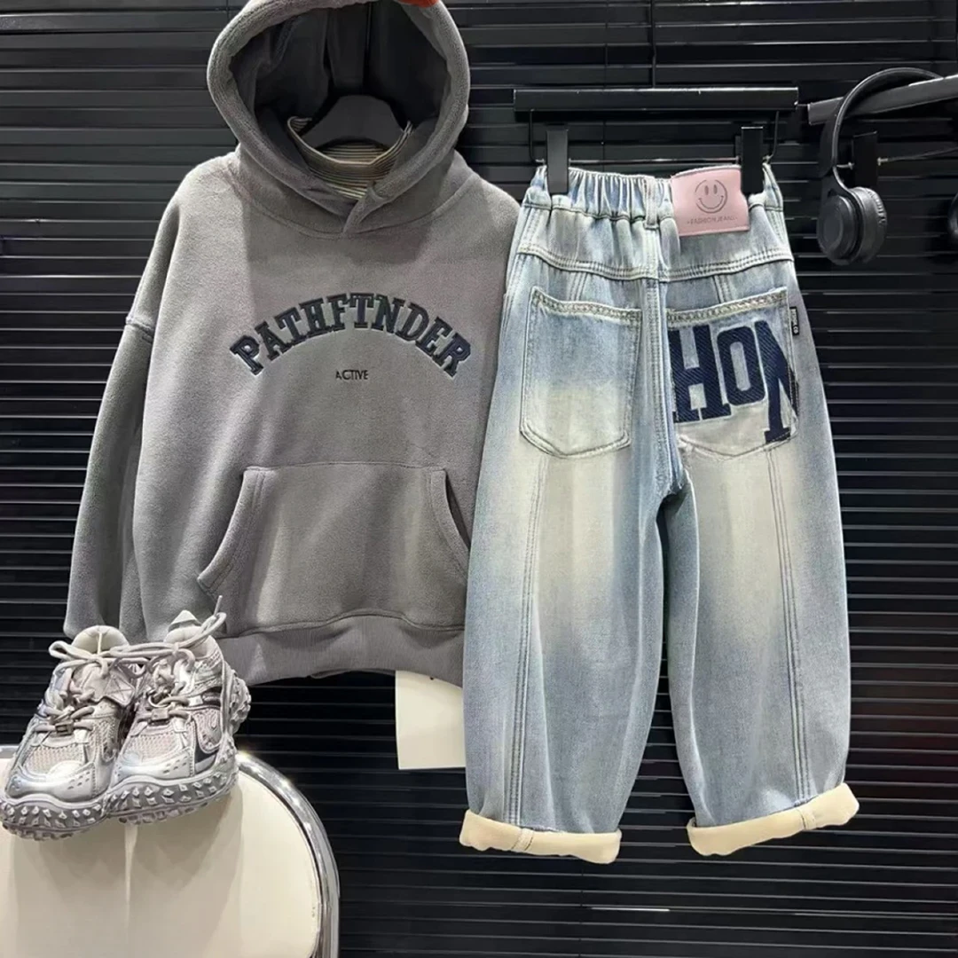 【加绒弯刀牛仔裤】微弹男女童秋冬季加绒牛仔潮流加绒牛仔裤男童