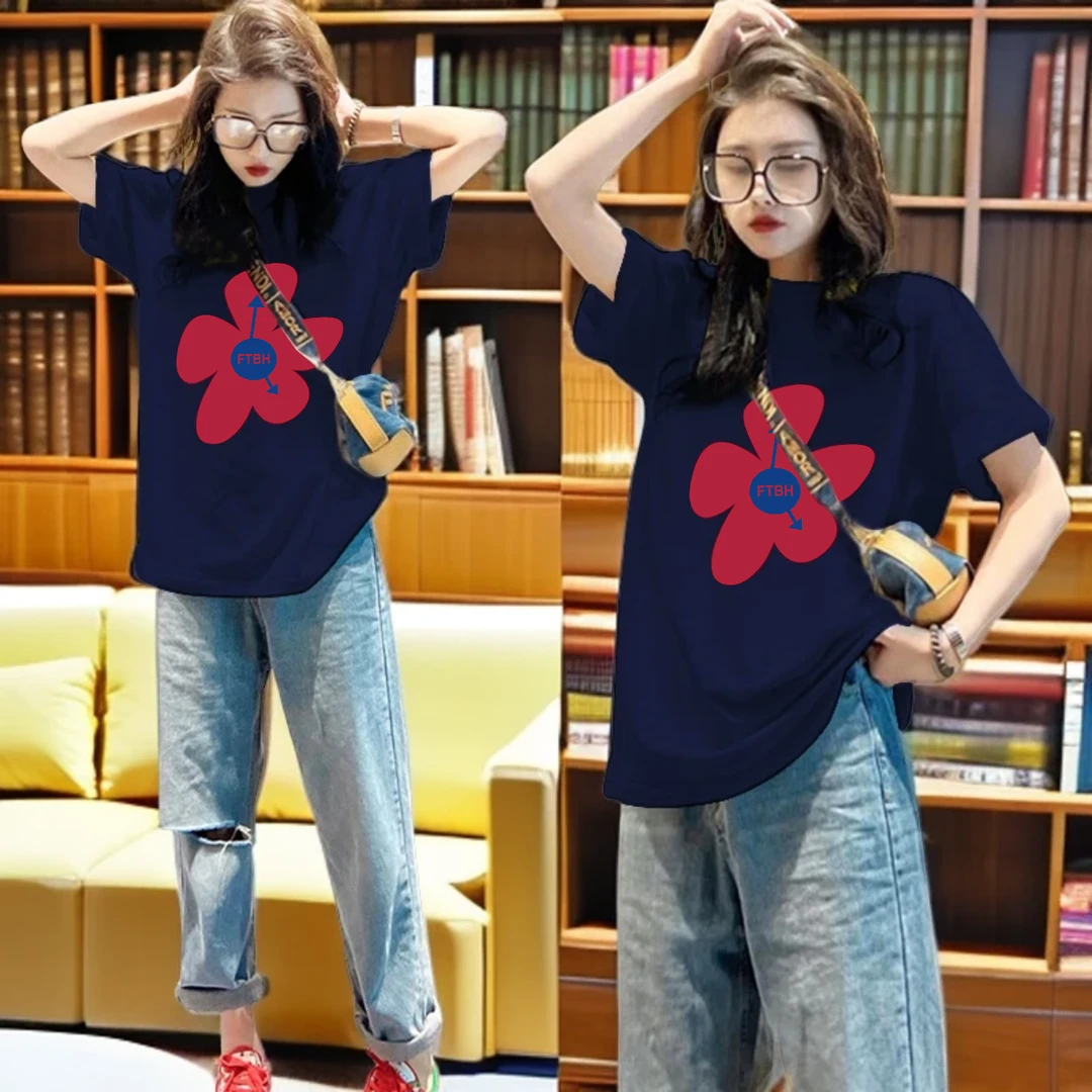 藏青色短袖女2025爆款洋气大码纯棉圆领打底衫上衣服女装夏装t恤