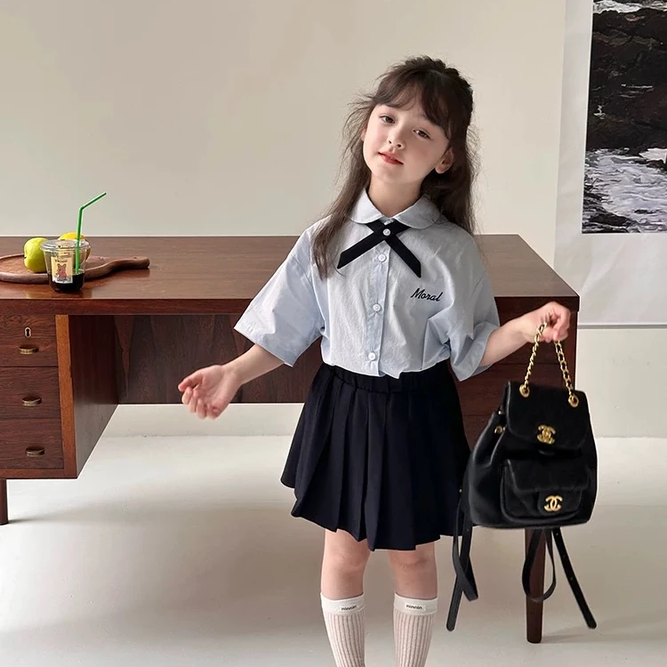 女童韩版泰式学院风小领结衬衫上衣夏季儿童休闲半身裙两件套装潮