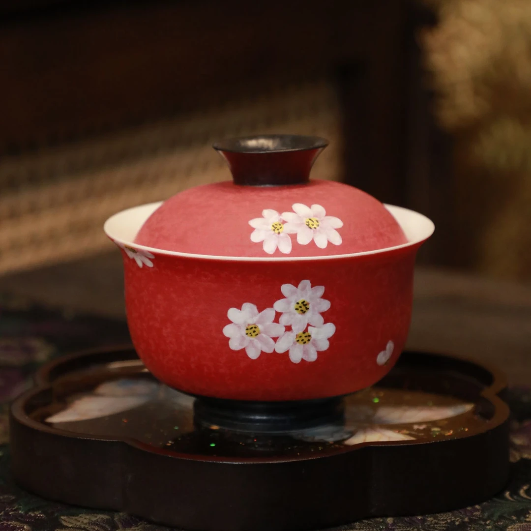 三柒·绯红手绘雏菊纹二才盖碗家用泡茶器茶碗（135ml）