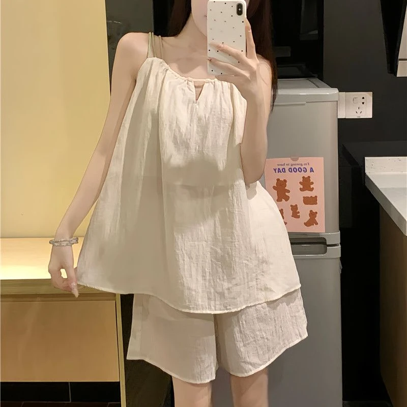 设计感吊带V领口睡衣女夏季短袖露背清凉感韩版甜美风家居服套装