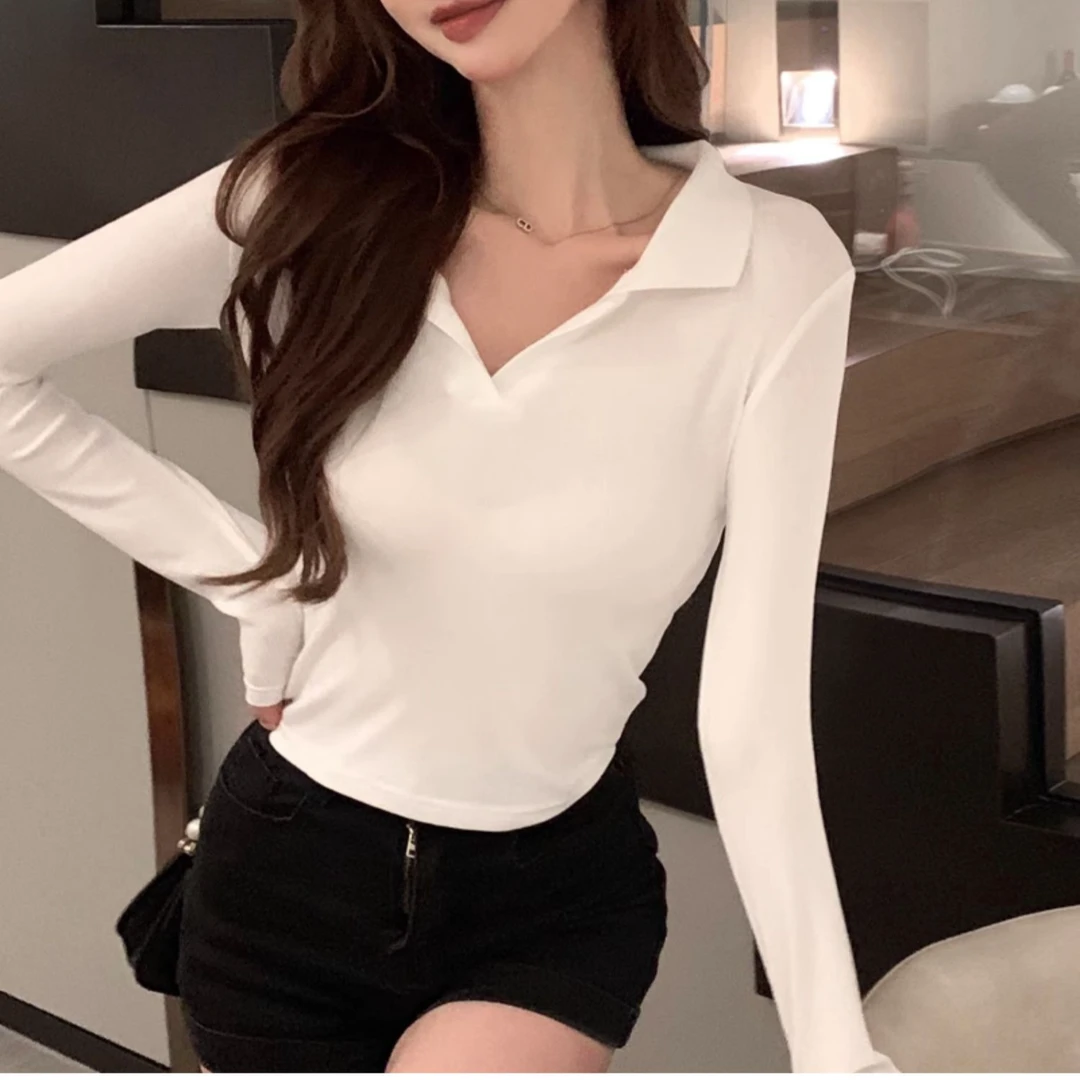 日韩V领长袖T恤衣服女装春秋季通勤休闲百搭修身polo领内搭上衣