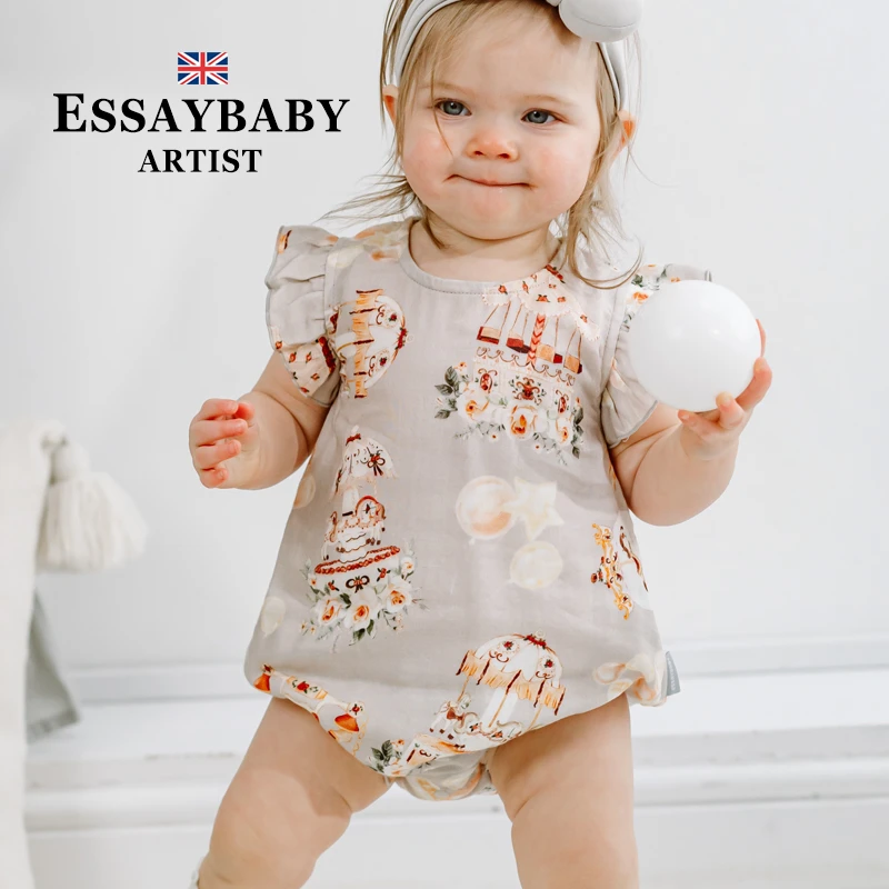 Essaybaby婴儿衣服夏装公主女宝无袖吊带连体衣飞袖ins包屁衣