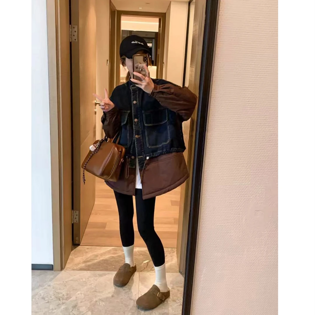 （柚子同款）ZJ冬款假两件牛仔拼接时尚百搭大版棉服9823（9832）