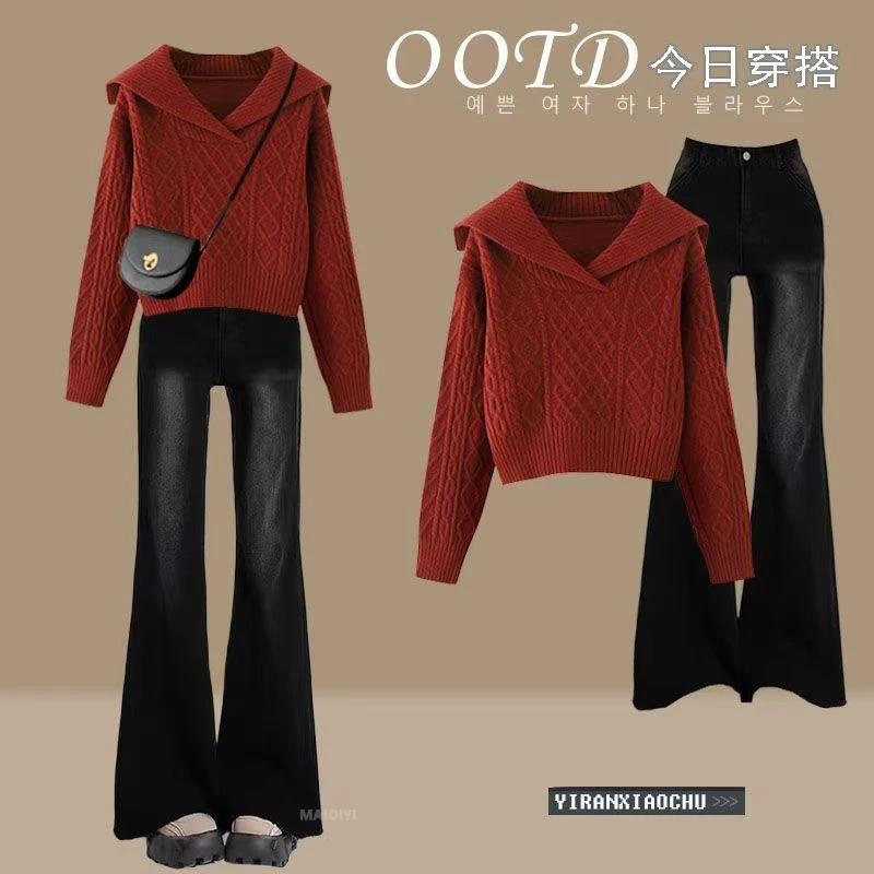 春季穿搭一整套女2025新款韩系气质减龄上衣时尚处理牛仔裤两件套