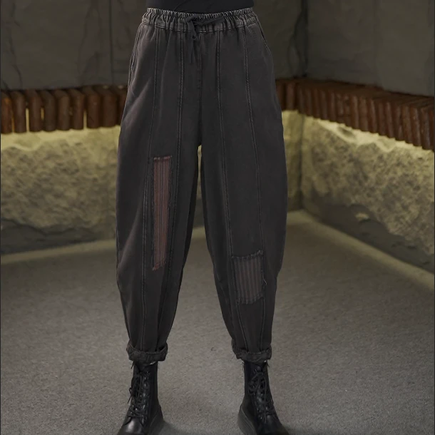 秋冬新款加绒加厚拼色拼接时尚宽松韩版阔腿牛仔长裤2646-1