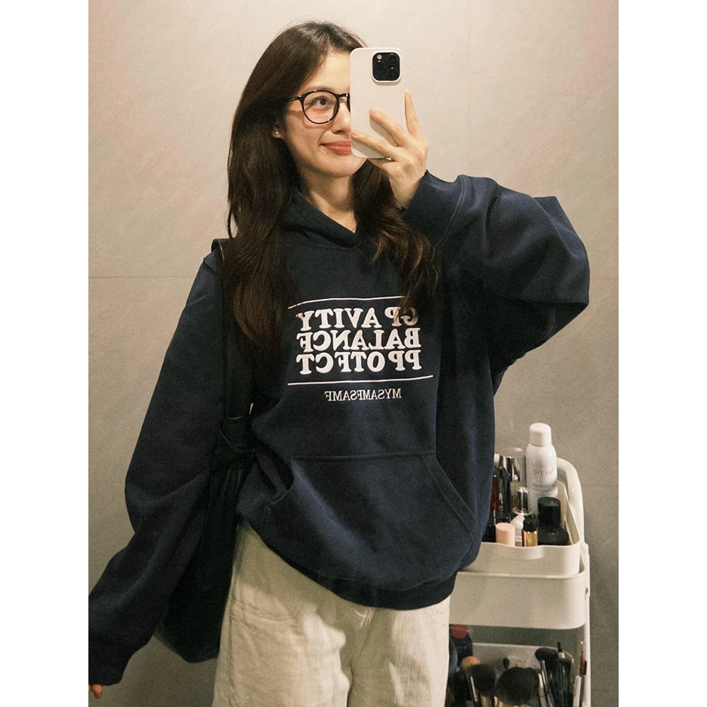 韩系字母印花连帽卫衣女装2025秋季新款慵懒百搭宽松时尚长袖上衣