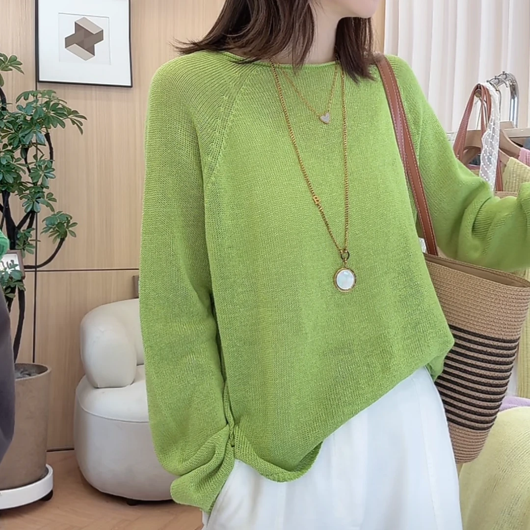 糖果色针织上衣2025新款春夏极简风纯色宽松长袖欧若风防晒罩衫