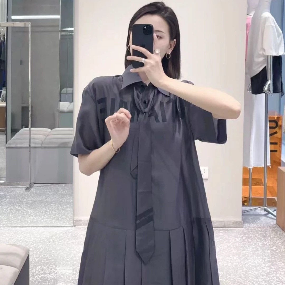 【夏专柜热卖】高级灰蓝天丝混纺显瘦气质设计师薄款时尚洋气连衣裙