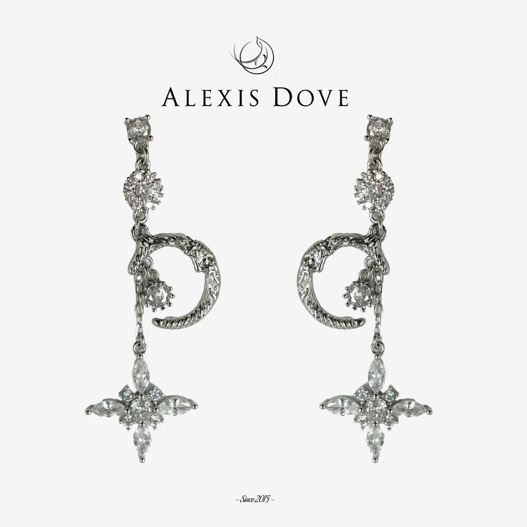 铜合金合成锆石耳饰 轻奢简约星月流苏耳钉