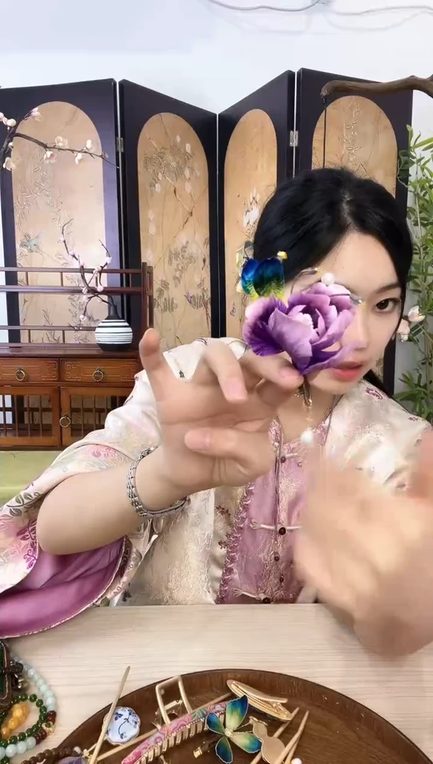 刺绣新中式蚕丝掐丝绒花发簪子手作桃花朵日常穿搭古典旗袍发饰品