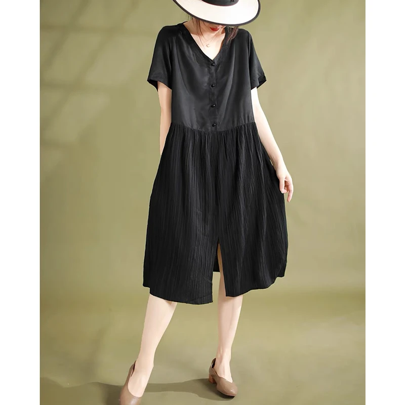 （V领纯色拼接连衣裙）6661夏季新款时装显瘦宽松通勤开叉短袖裙G