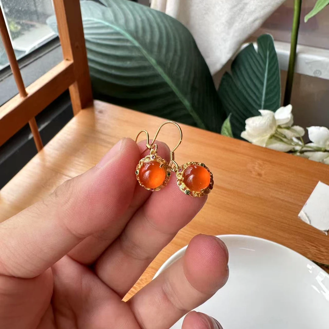 【郭老师】约10mm保山冰红圆蛋面耳钩耳坠（S925银镀金镶嵌）