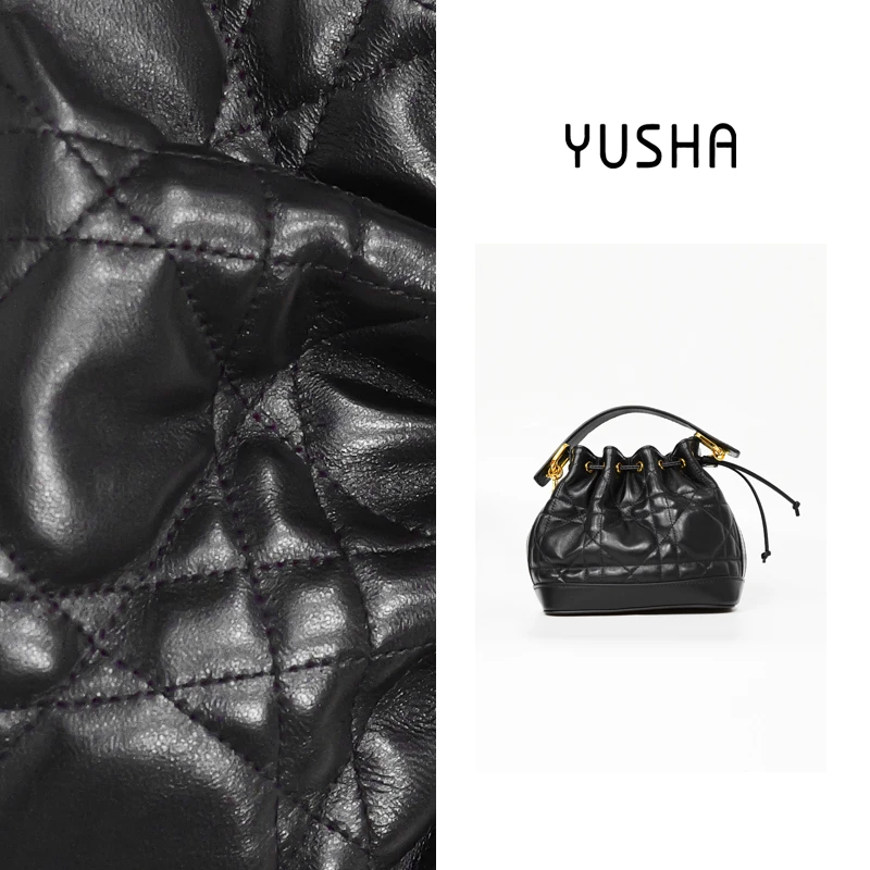 YUSHA/高档黑色羊皮绣线水桶包-8139