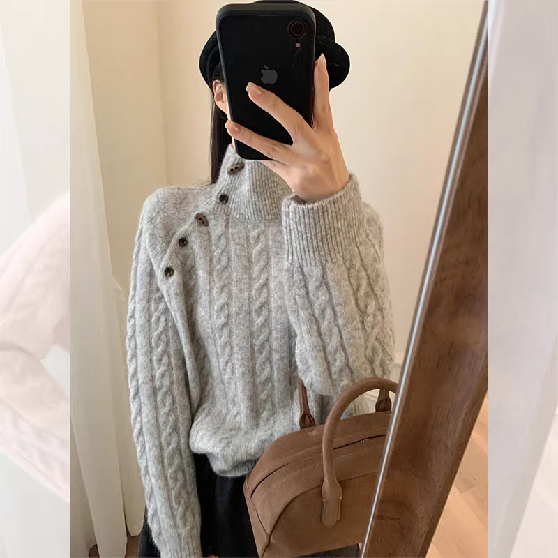 S7707 韩国东大门套头设计感斜领毛衣女上衣百搭