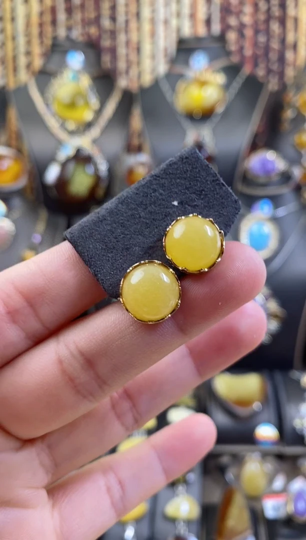 银S925镶嵌琥珀耳饰耳环